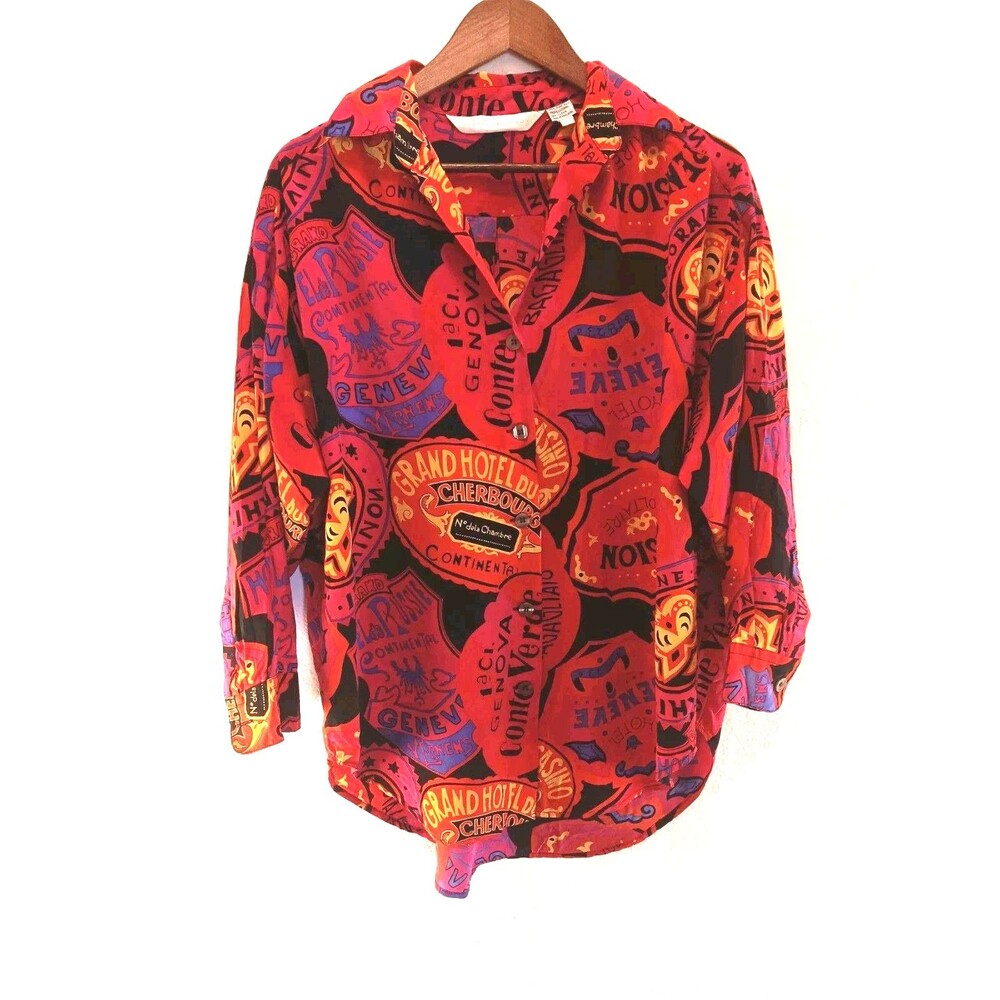 Vintage Brett Harrison 100% Silk Blouse Large Hotel Luggage Tag Travel Print 80s
